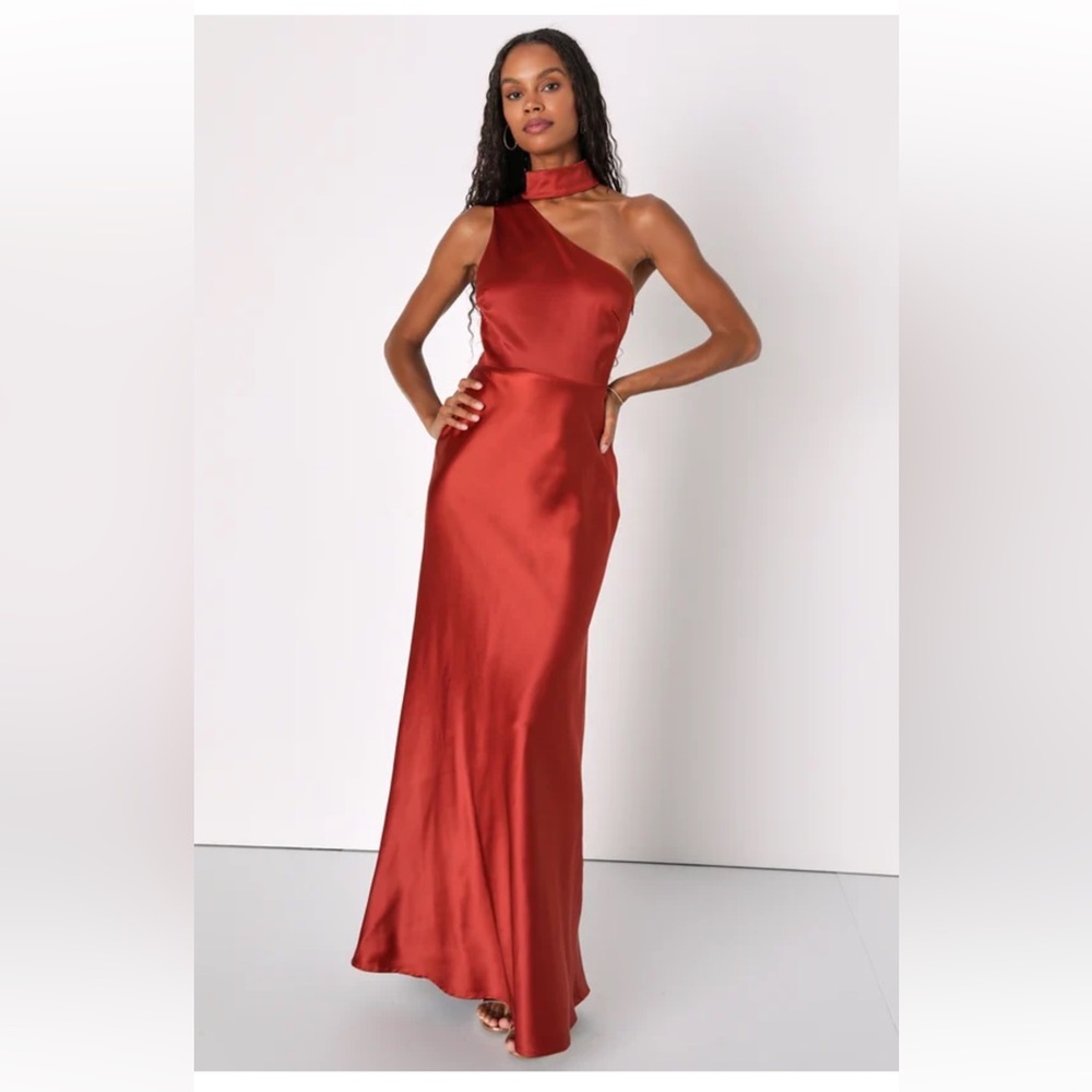 Lulu’s Intriguing Essence Rust Satin Asymmetrical Halter Maxi Dress